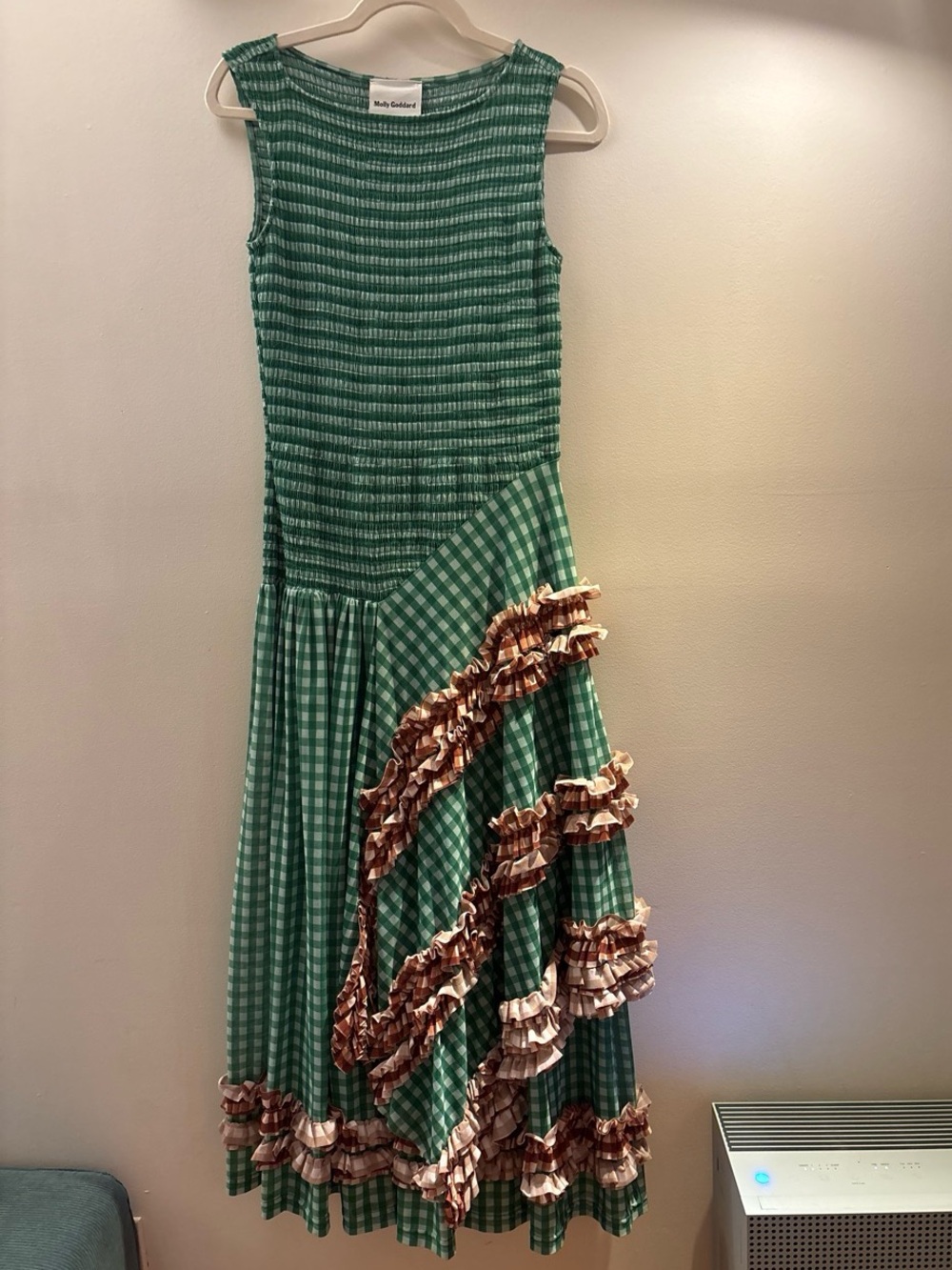 MOLLY GODDARD Green Gingham Asymmetrical Maxi dress with Brown Ruffle Trim